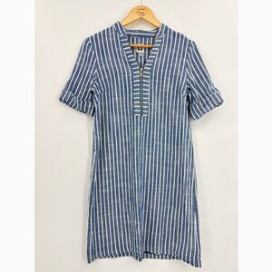 Anne Klein Navy White Striped V-neck Shift Dress, Sz 4, Gold Zipper Nautical